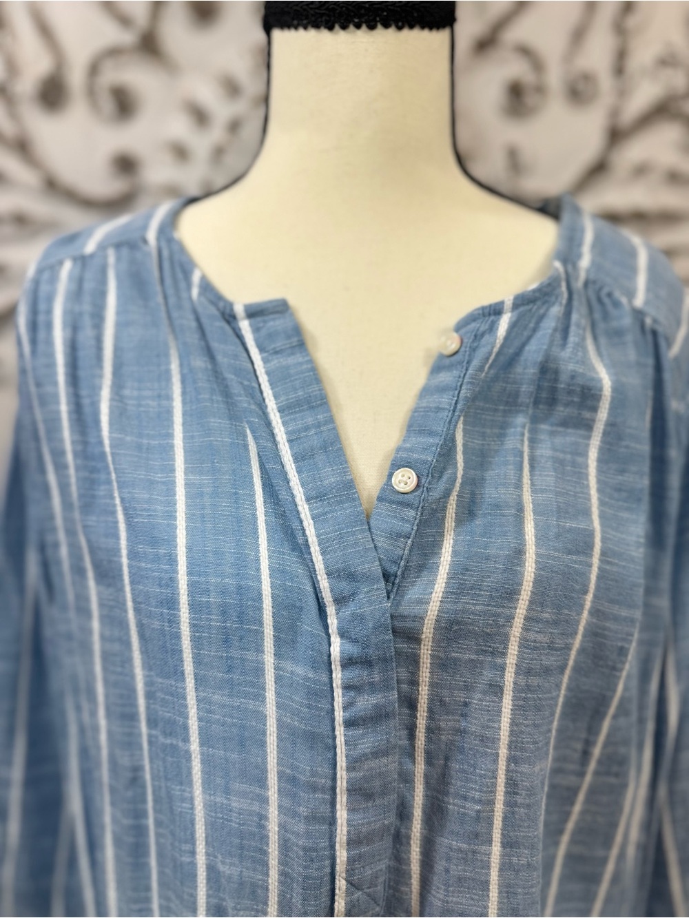 Nine West Jeans XL Blue White Stripe Tunic Blouse Split Neck 3/4 Sleeve Coastal - Picture 7 of 10